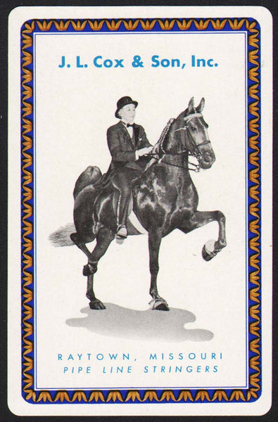 Vintage playing card J L COX and SON INC blue border man on horse pictured Raytown MO