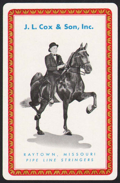 Vintage playing card J L COX and SON INC red border man on horse pictured Raytown MO