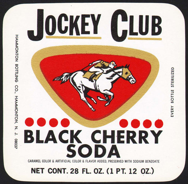 Vintage soda pop bottle label JOCKEY CLUB BLACK CHERRY horse pictured Hammonton NJ