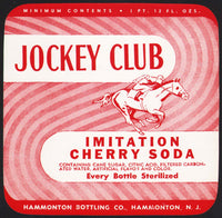 Vintage soda pop bottle label JOCKEY CLUB CHERRY horse pictured Hammonton NJ