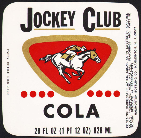 Vintage soda pop bottle label JOCKEY CLUB COLA with horse pictured Hammonton NJ