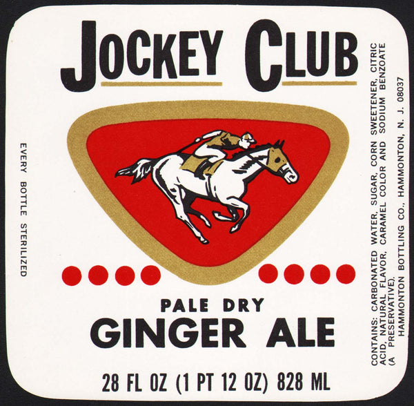 Vintage soda pop bottle label JOCKEY CLUB GINGER ALE horse pictured Hammonton NJ