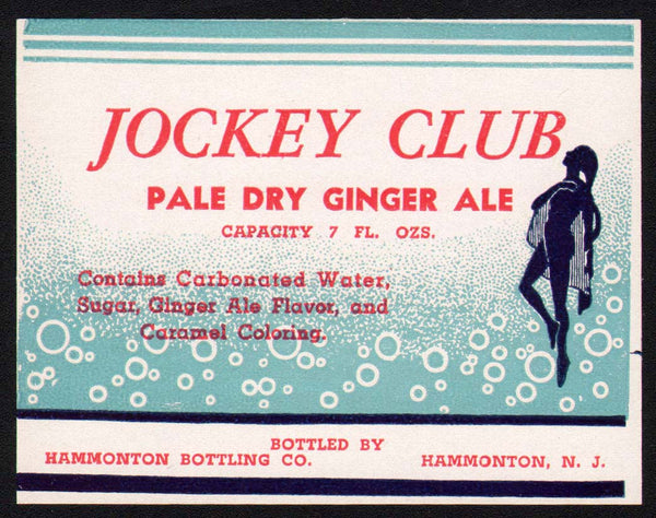 Vintage soda pop bottle label JOCKEY CLUB GINGER ALE woman pictured Hammonton NJ