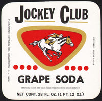 Vintage soda pop bottle label JOCKEY CLUB GRAPE SODA horse pictured Hammonton NJ
