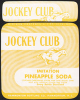 Vintage soda pop bottle label JOCKEY CLUB PINEAPPLE horse pictured Hammonton NJ
