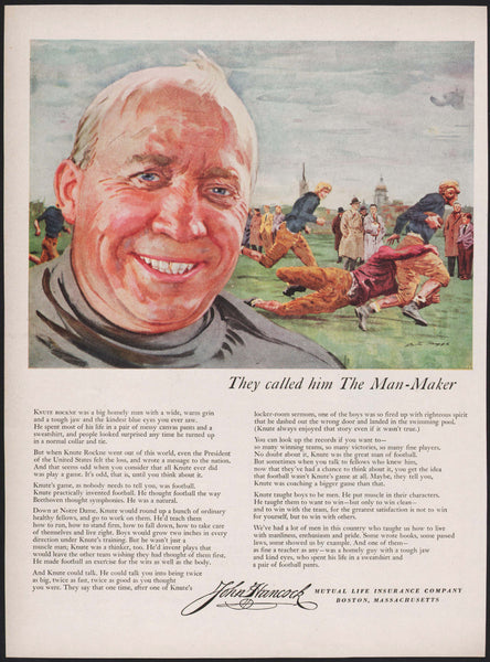 Vintage magazine ad JOHN HANCOCK from 1953 Knute Rockne pictured Austin Briggs art