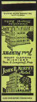 Vintage matchbook cover JOHN R MURPHY HOTEL old hotel pictured Mount Clemens Michigan