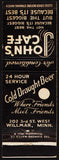 Vintage matchbook cover JOHNS CAFE Cold Draught Beer from Willmar Minnesota