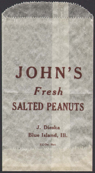 Vintage bag JOHNS SALTED PEANUTS J Dieska Blue Island Illinois unused n-mint
