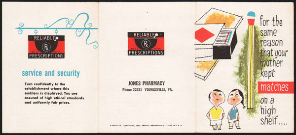Vintage brochure JONES PHARMACY Matches dated 1953 Youngsville PA unused n-mint