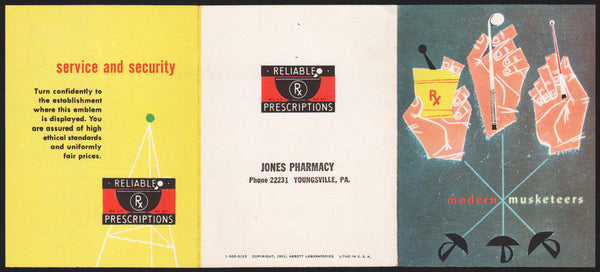 Vintage brochure JONES PHARMACY Modern Musketeers dated 1953 Youngsville PA n-mint