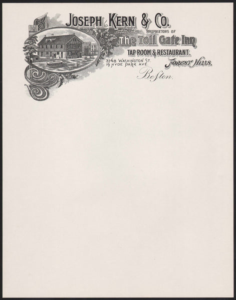 Vintage letterhead JOSEPH KERN Toll Gate Inn restaurant pictured Forest Hills Boston