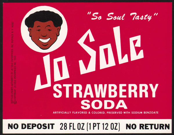 Vintage soda pop bottle label JO SOLE STRAWBERRY 28oz OJ Simpson pic Buffalo NY