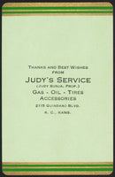 Vintage playing card JUDYS SERVICE Judy Sunja Gas Oil Tires Kansas City Kansas