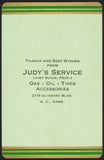 Vintage playing card JUDYS SERVICE Judy Sunja Gas Oil Tires Kansas City Kansas