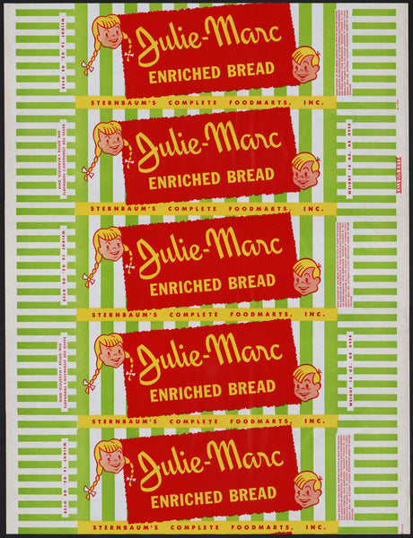 Vintage bread wrapper JULIE MARC kids pictured Sternbaums Mansfield Ohio n-mint