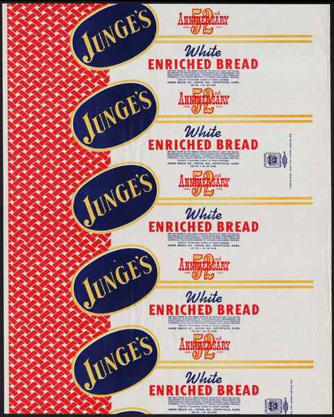 Vintage bread wrapper JUNGES 52nd anniversary 1952 Missouri and Kansas new old stock