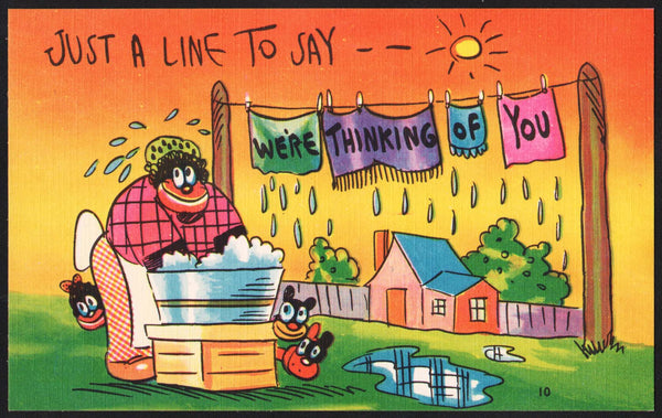 Vintage postcard JUST A LINE TO SAY linen comic black woman kids doing laundry