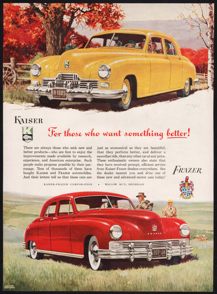 Vintage magazine ad KAISER FRAZER 1947 yellow and red cars George Shepherd art