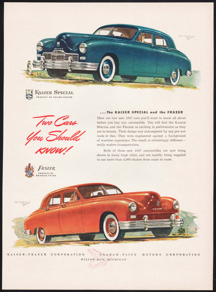 Vintage magazine ad KAISER SPECIAL FRAZER from 1946 blue and red cars pictured