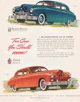 Vintage magazine ad KAISER SPECIAL FRAZER from 1946 blue and red cars pictured