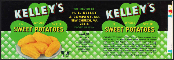 Vintage label KELLEYS SWEET POTATOES New Church Virginia H E Kelley unused n-mint+