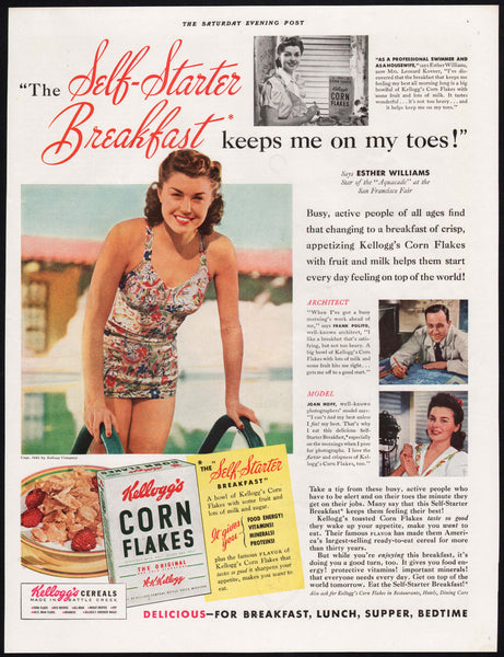 Vintage magazine ad KELLOGGS CORN FLAKES from 1941 with Esther Williams Aquacade