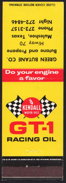 Vintage matchbook cover KENDALL MOTOR OILS GT-1 Racing Oil Green Muleshoe Texas