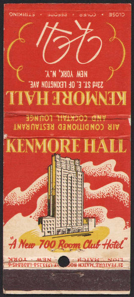 Vintage matchbook cover KENMORE HALL with the old hotel pictured New York NY