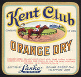 Vintage soda pop bottle label KENT CLUB ORANGE DRY horse pictured Bound Brook NJ
