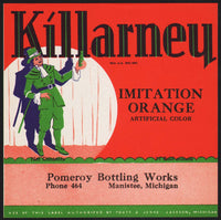 Vintage soda pop bottle label KILLARNEY ORANGE Saint Patrick Manistee Michigan