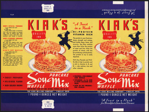 Vintage label KIRKS QUALITY INN Pancake Waffle Mix Findlay Ohio unused n-mint+