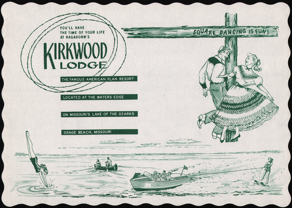 Vintage placemat HAGADORNS KIRKWOOD LODGE Osage Beach Missouri unused n-mint+