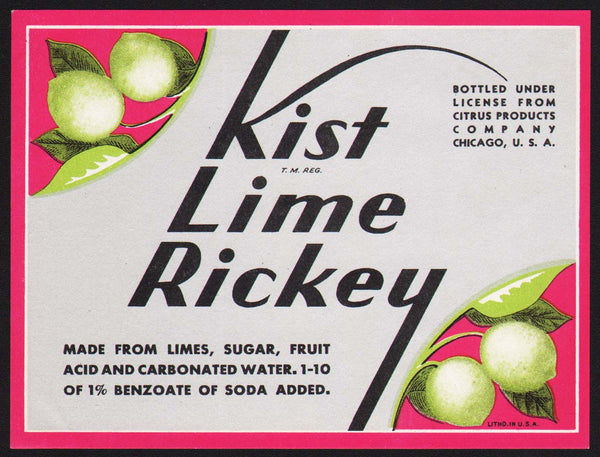 Vintage soda pop bottle label KIST LIME RICKEY limes pictured new old stock n-mint