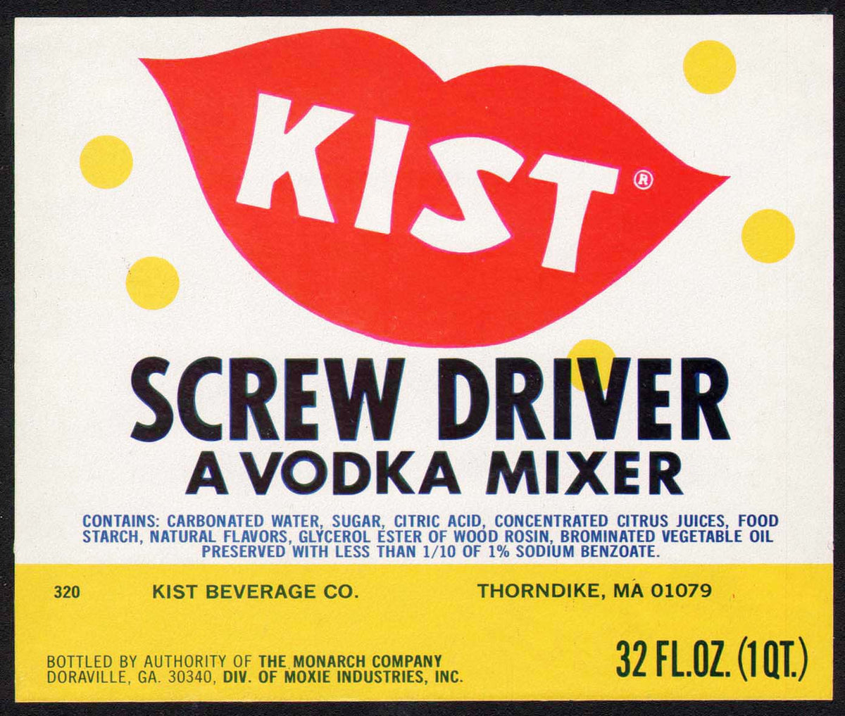 Vintage soda pop bottle label KIST SCREW DRIVER Thorndike Mass new old ...