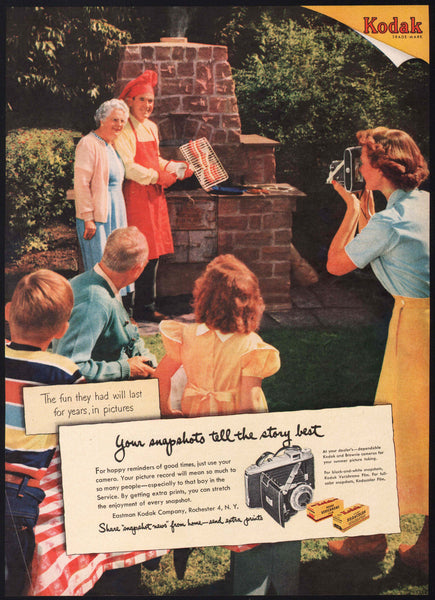 Vintage magazine ad KODAK CAMERA AND FILM 1951 family backyard barbeque picture