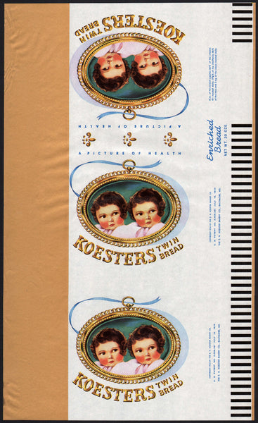 Vintage bread wrapper KOESTERS 1945 babies pictured Maryland unused new old stock