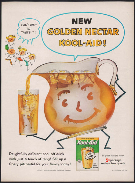 Vintage magazine ad KOOL AID New Golden Nectar from 1957 Kool-Aid man pictured