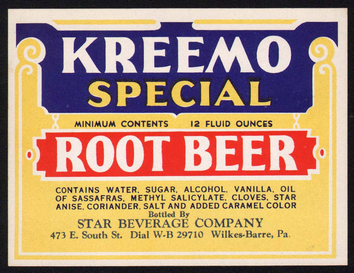 Vintage soda pop bottle label KREEMO SPECIAL ROOT BEER Wilkes Barre Pa ...