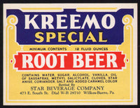 Vintage soda pop bottle label KREEMO SPECIAL ROOT BEER Wilkes Barre Pa n-mint+