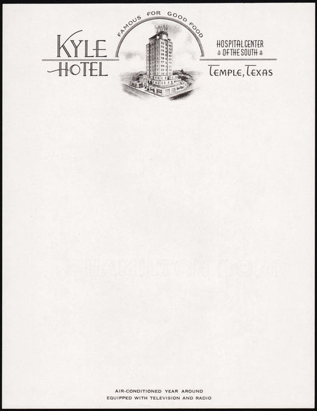 Vintage letterhead KYLE HOTEL #1 old hotel pictured Temple Texas unused n-mint+