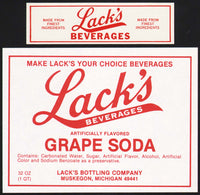 Vintage soda pop bottle label LACKS GRAPE SODA 32oz Muskegon Michigan unused