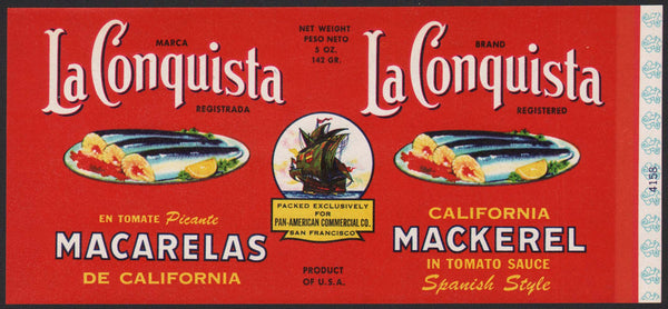 Vintage label LA CONQUISTA MACKEREL Pan American San Francisco unused n-mint+