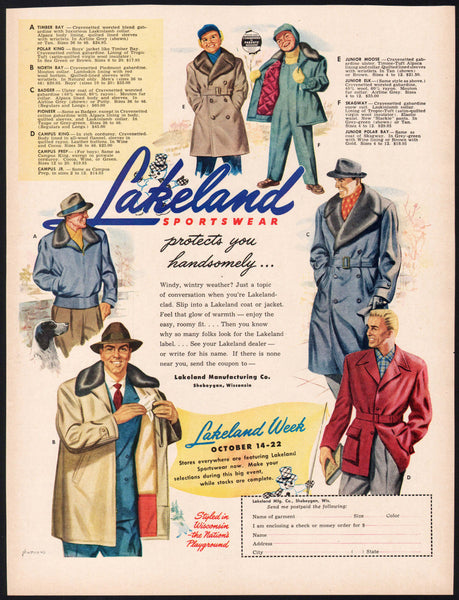 Vintage magazine ad LAKELAND SPORTSWEAR 1949 mens coats and jackets pictured