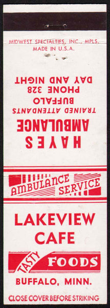 Vintage matchbook cover LAKEVIEW CAFE Hayes Ambulance from Buffalo Minnesota