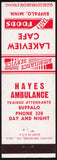 Vintage matchbook cover LAKEVIEW CAFE Hayes Ambulance from Buffalo Minnesota