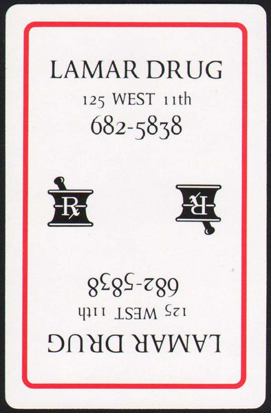 Vintage playing card LAMAR DRUG 125 West 11th mortar and pestle picture Missouri