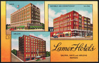 Vintage postcard LAMAR HOTELS Salina Hays and Abilene Kansas linen hotels pictured