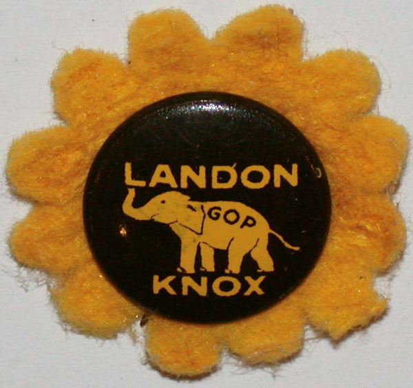 Vintage political pin LANDON KNOX GOP elephant pictured on sunflower 1936 n-mint