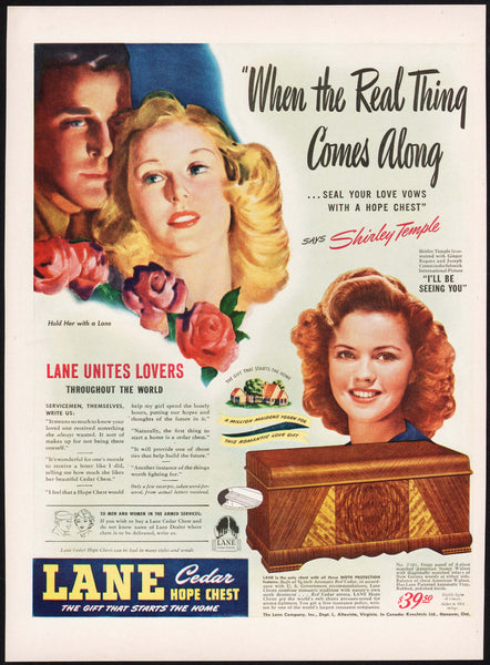 Vintage magazine ad LANE CEDAR HOPE CHEST from 1945 with Shirley Temple pictured